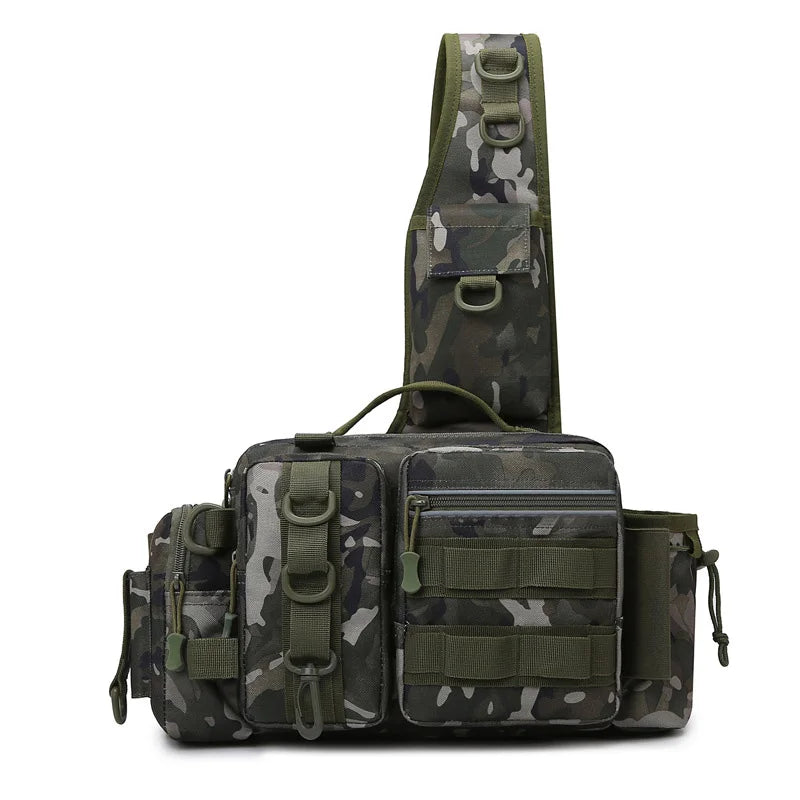 Green camouflage fishing tackle backpack for men by Corporación Turística, featuring multiple compartments and durable design.