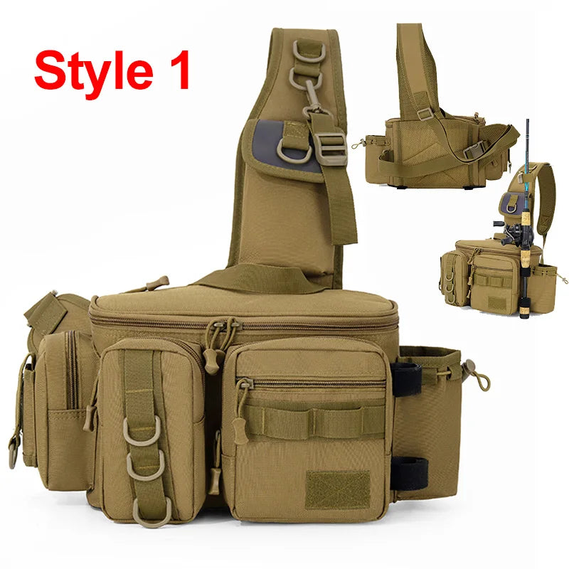 Green camouflage fishing tackle backpack for men by Corporación Turística, with multiple compartments for fishing gear storage.