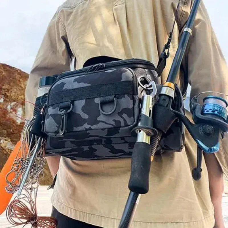 Green camouflage fishing backpack and waist bag from Corporación Turística, designed for outdoor storage and fishing trips.