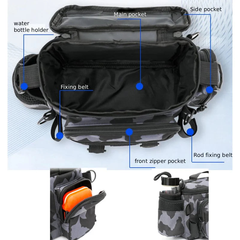 Green camouflage fishing backpack with waist belt, designed for outdoor storage and easy access by Corporación Turística.