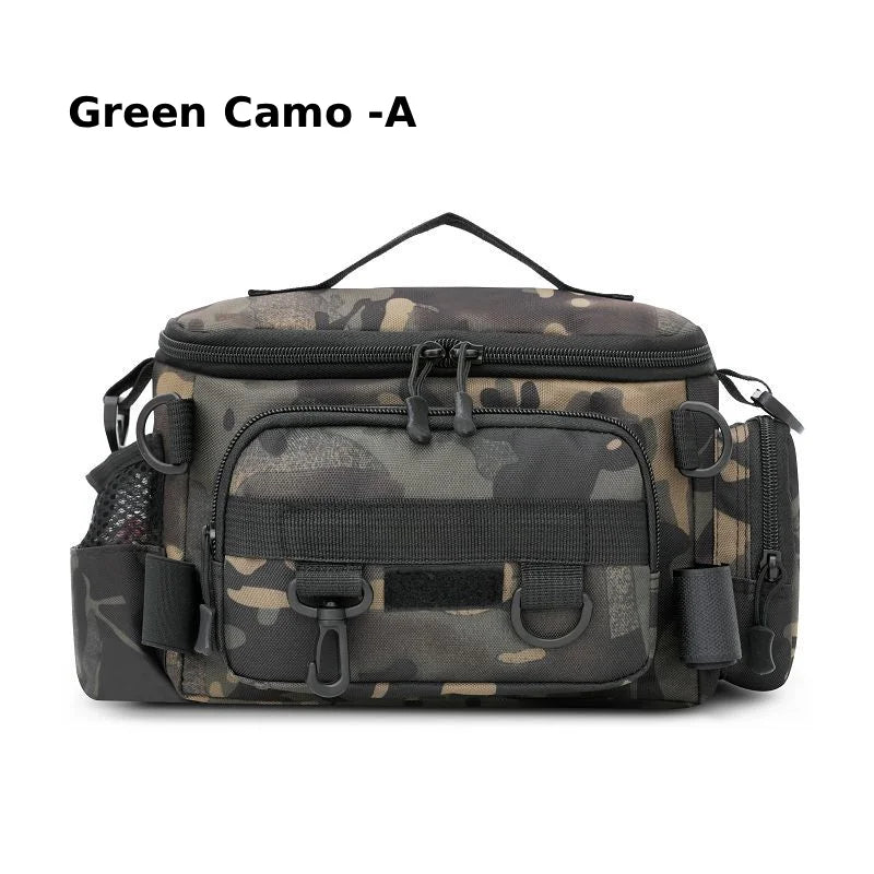 Green camouflage fishing backpack and waist bag by Corporación Turística for storage and outdoor use.