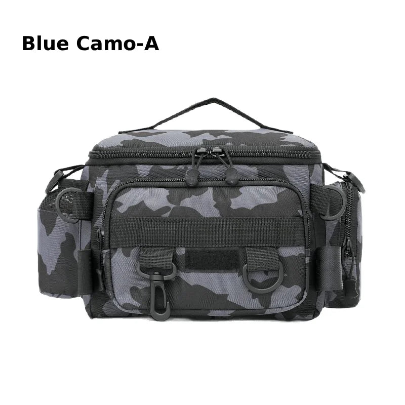 Green camo fishing backpack and waist bag by Corporación Turística, designed for storage and outdoor fishing activities.