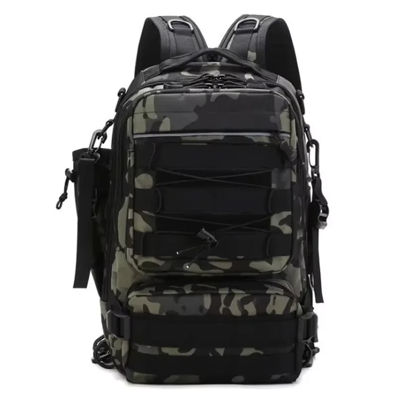 Green camouflage fishing backpack and waist bag by Corporación Turística, with multiple storage compartments for outdoor gear.