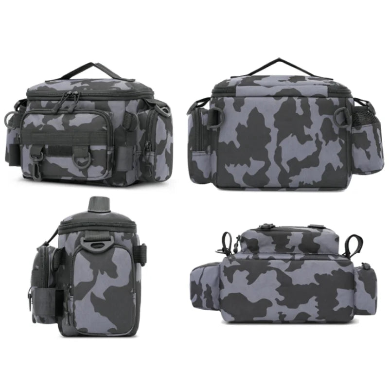 Green camo fishing backpack and waist bag from Corporación Turística for outdoor storage and fishing gear.