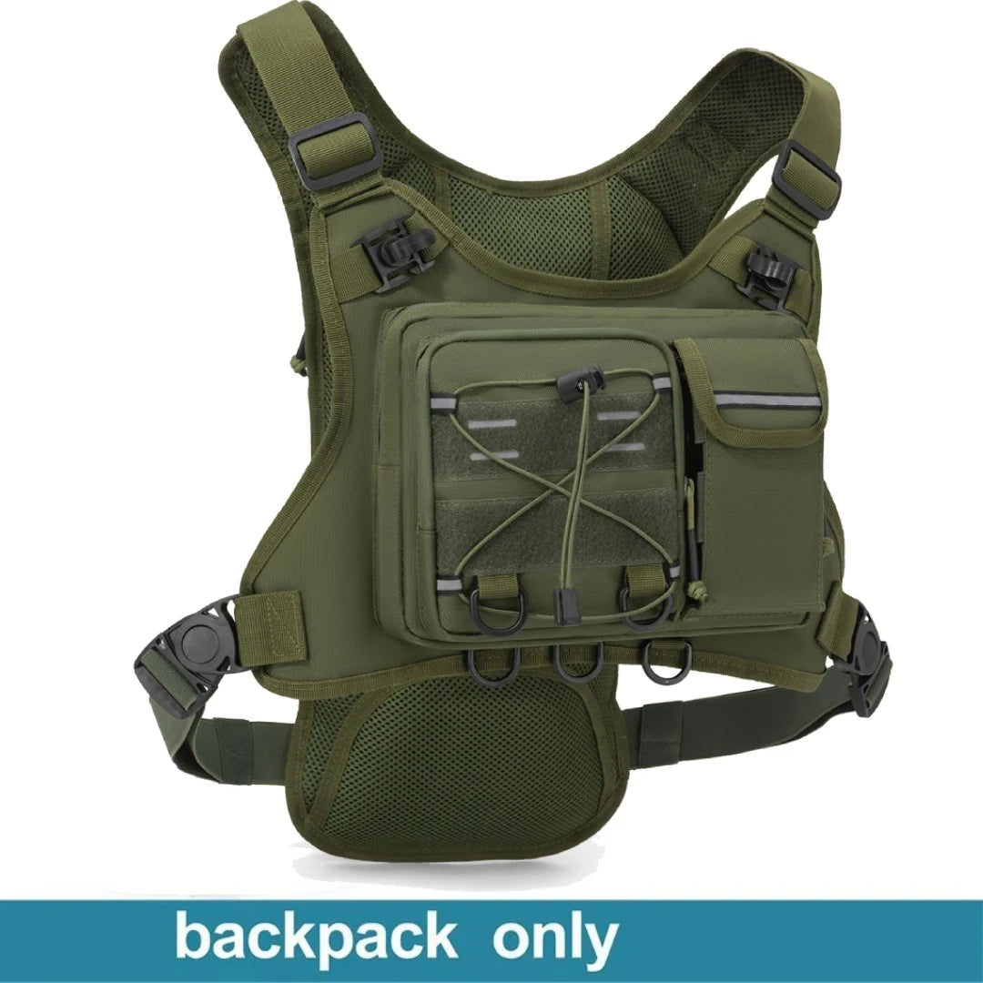Green camouflage sports vest with built-in hydration pack for men and women, designed for active outdoor activities.
