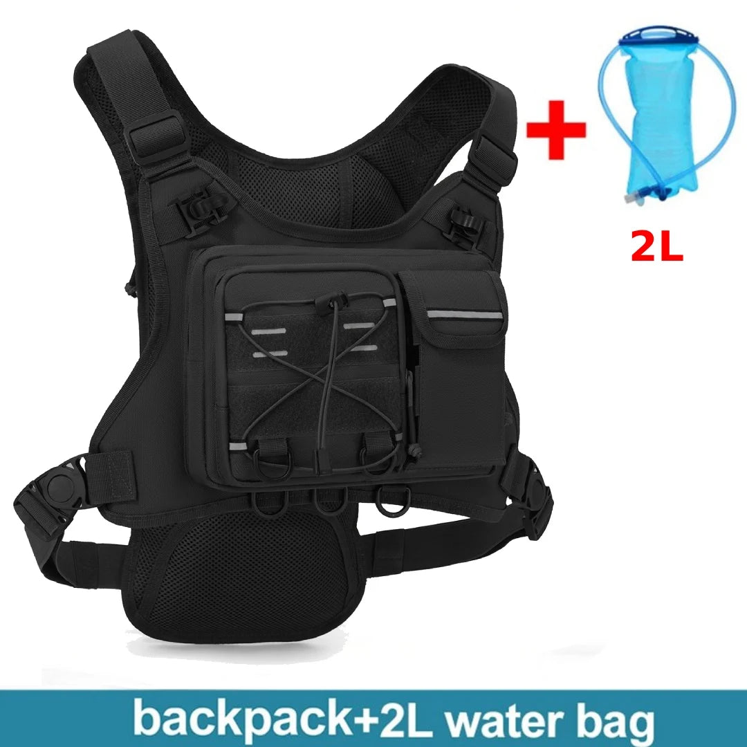 Green camo sports vest for men and women with hydration belt, designed for active outdoor fitness and running.