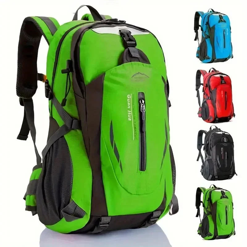 Green outdoor travel backpack by Corporación Turística, large capacity hiking and adventure backpack with multiple compartments.