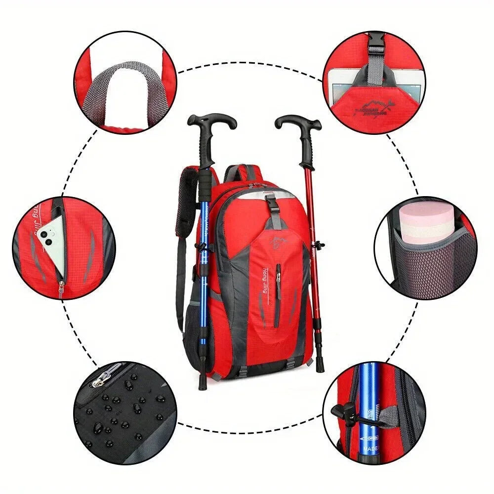 Green outdoor travel backpack by Corporación Turística, large capacity hiking and adventure backpack with multiple compartments.