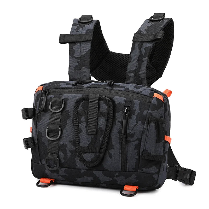 Green tactical chest backpack for camping with front chest strap, designed by Corporación Turística, showing detailed view of the product.