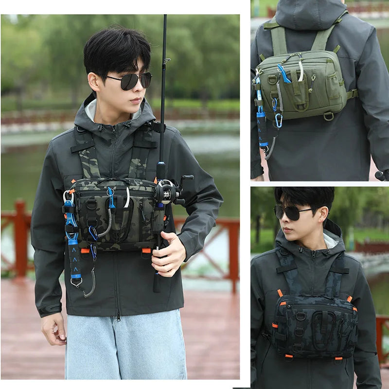 Green tactical chest backpack for camping with front chest strap, made by Corporación Turística, designed for outdoor adventures.
