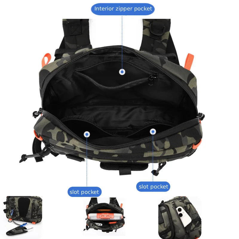 Green tactical chest backpack for camping with front chest strap, made by Corporación Turística, designed for outdoor adventures.