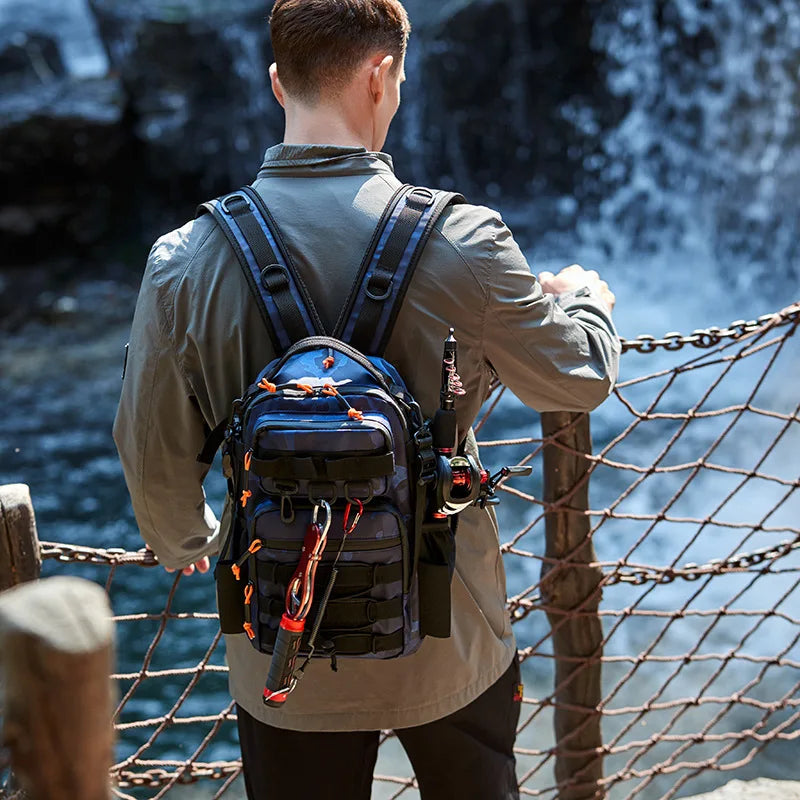 Green tactical fishing backpack for camping and outdoor sports by Corporación Turística, with multiple compartments and adjustable straps.