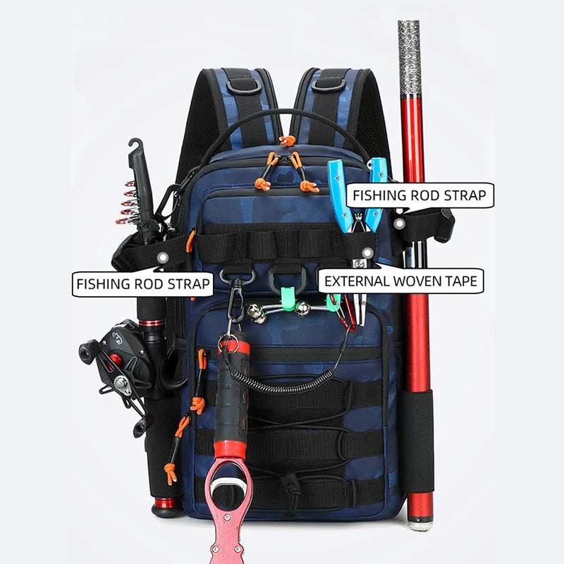 Green tactical fishing and camping backpack by Corporación Turística, featuring multiple compartments for outdoor sports and hiking gear.