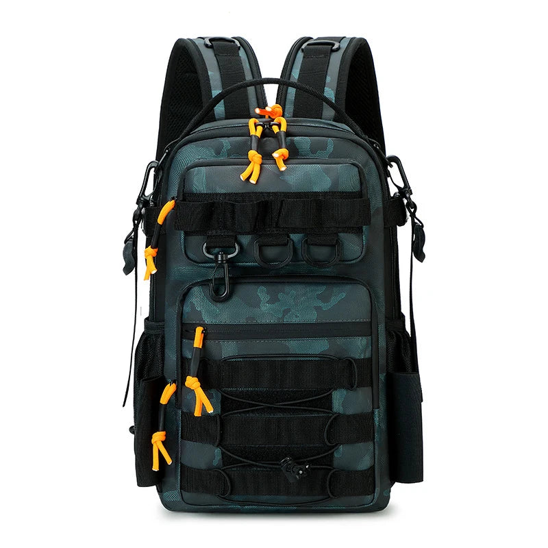 Green tactical fishing and camping backpack by Corporación Turística, featuring multiple compartments for outdoor sports and adventures.
