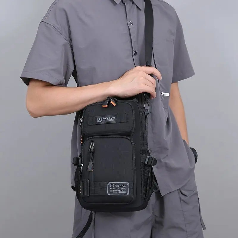 Green camping waist bag for men, chest pack and shoulder bag by Corporación Turística, suitable for outdoor adventures.