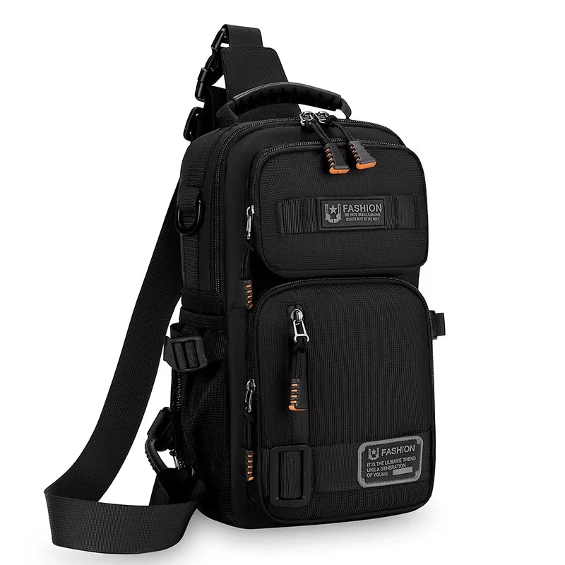 Green camping waist bag for men, chest pack by Corporación Turística, featuring multiple storage compartments.