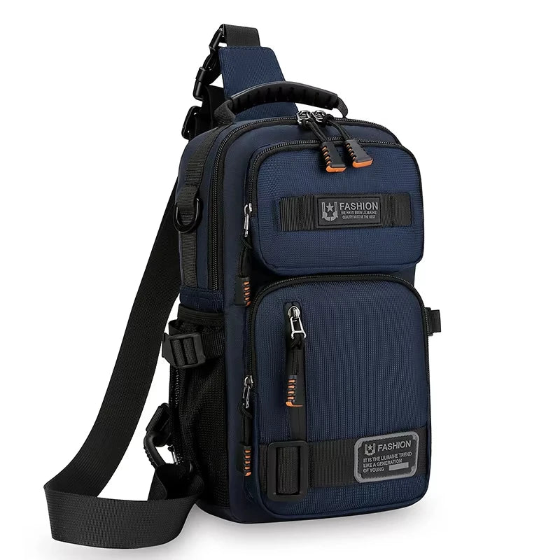 Green camping waist bag for men, chest pack by Corporación Turística, designed for outdoor adventures and convenient storage.