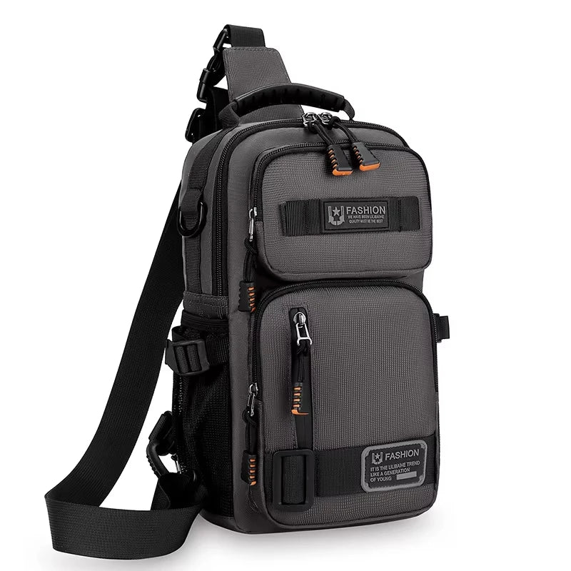 Green camping waist bag for men, chest pouch with multiple pockets, designed for outdoor adventures by Corporación Turística.