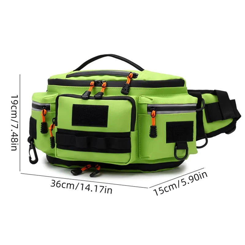 Green tactical Molle fanny pack for men, military-style travel bag with multiple compartments and adjustable strap.