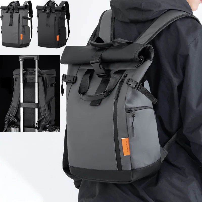 Gray camping travel bag for men by Corporación Turística, outdoor backpack suitable for hiking and camping trips.