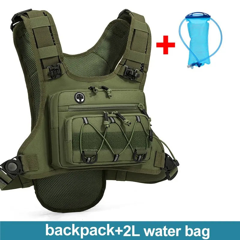 Grey camouflage hydration vest by Corporación Turística for running, cycling, hiking, and outdoor activities with a tactical sports backpack design.