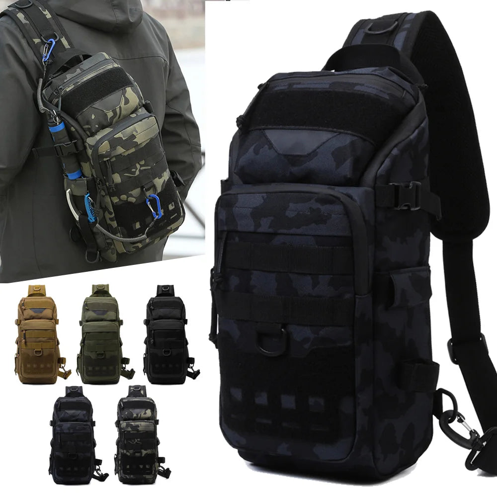 Gray camouflage fishing chest bag for men, tactical backpack with multiple compartments by Corporación Turística.