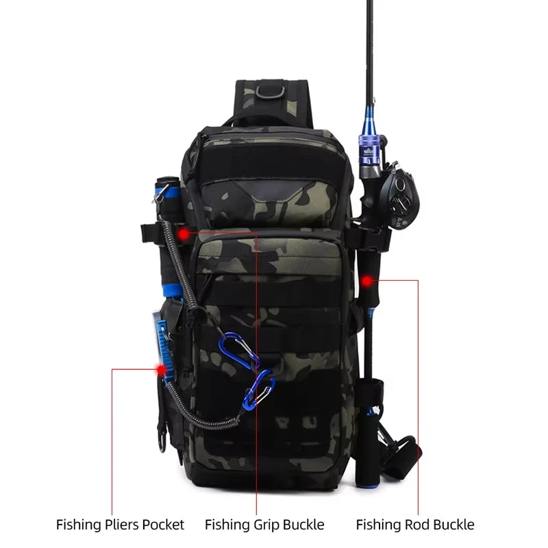 Grey camouflage fishing chest bag for men, tactical fishing backpack with multiple compartments by Corporación Turística