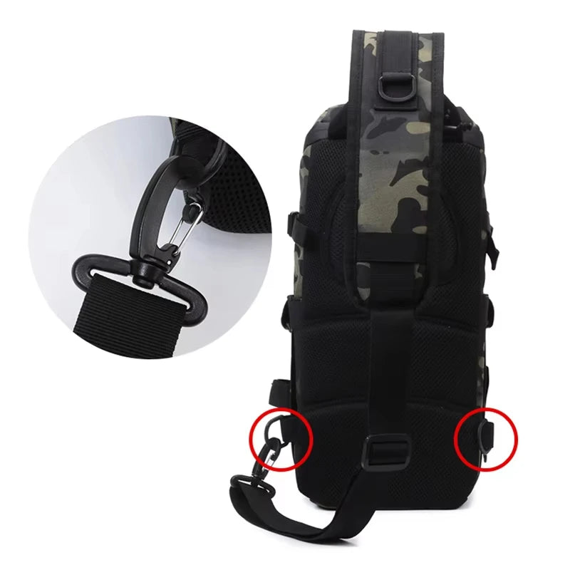 Grey camouflage fishing chest bag for men, tactical backpack with multiple compartments by Corporación Turística.