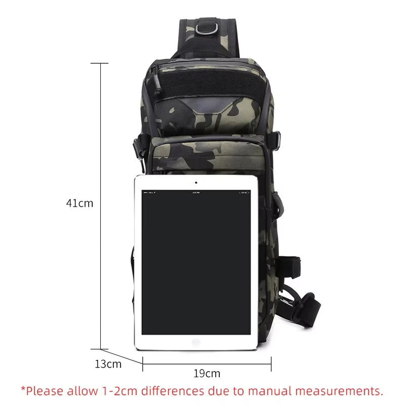 Grey camouflage fishing chest bag for men, tactical backpack with multiple compartments by Corporación Turística.
