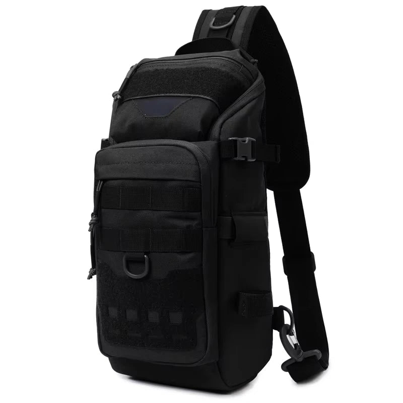 Grey camouflage fishing chest bag for men, tactical backpack with multiple compartments, ideal for outdoor fishing adventures.