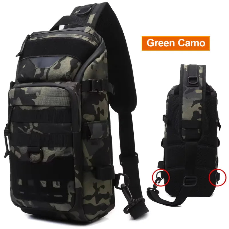 Grey camouflage fishing chest bag for men, tactical backpack with multiple compartments, ideal for outdoor activities.