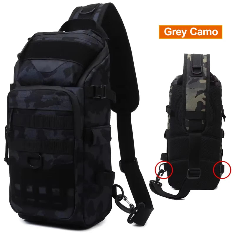 Grey camouflage fishing chest bag for men, tactical backpack with multiple compartments by Corporación Turística.