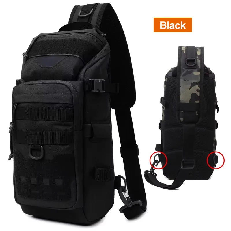 Grey camo fishing chest bag for men by Corporación Turística, tactical fishing backpack with multiple compartments and adjustable straps.