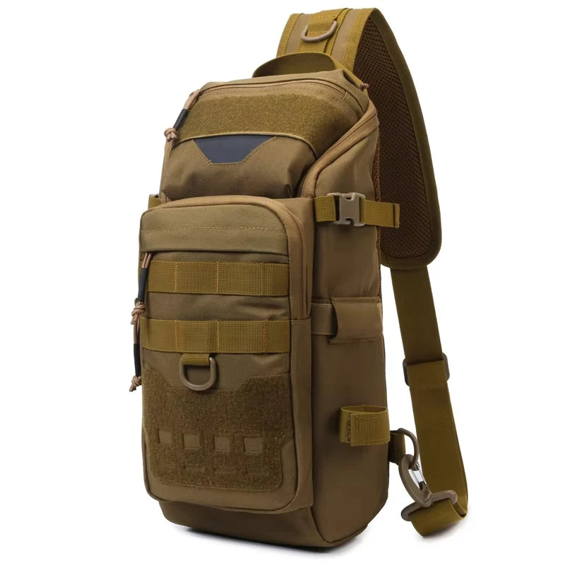 Grey camouflage fishing chest bag for men, tactical backpack with multiple compartments, ideal for outdoor activities.
