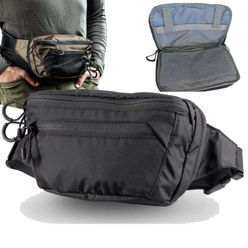 Grey tactical waist bag for men, ideal for hiking and climbing, by Corporación Turística.