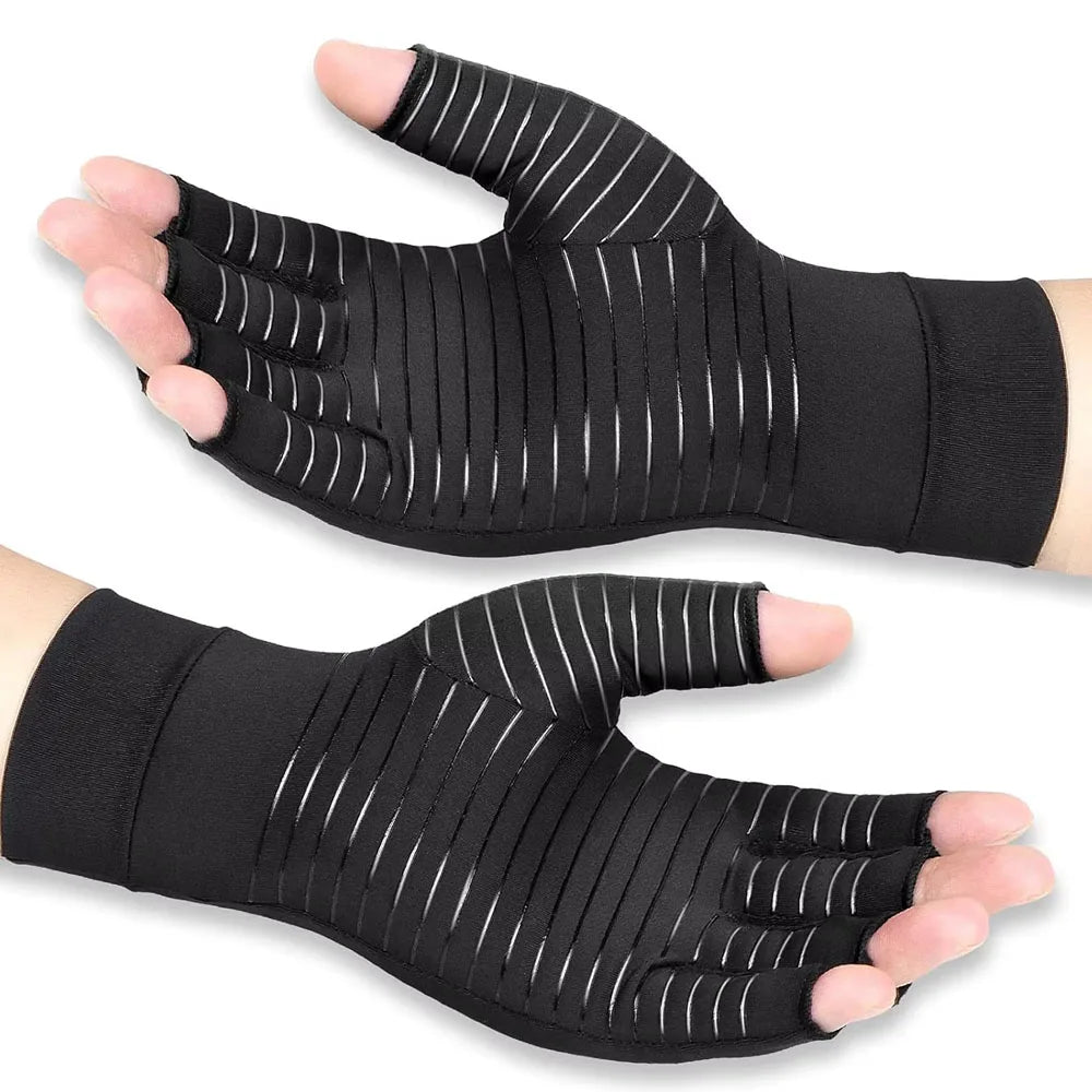 Pair of light gray fingerless compression gloves for adults by Corporación Turística, designed to help relieve arthritis pain.