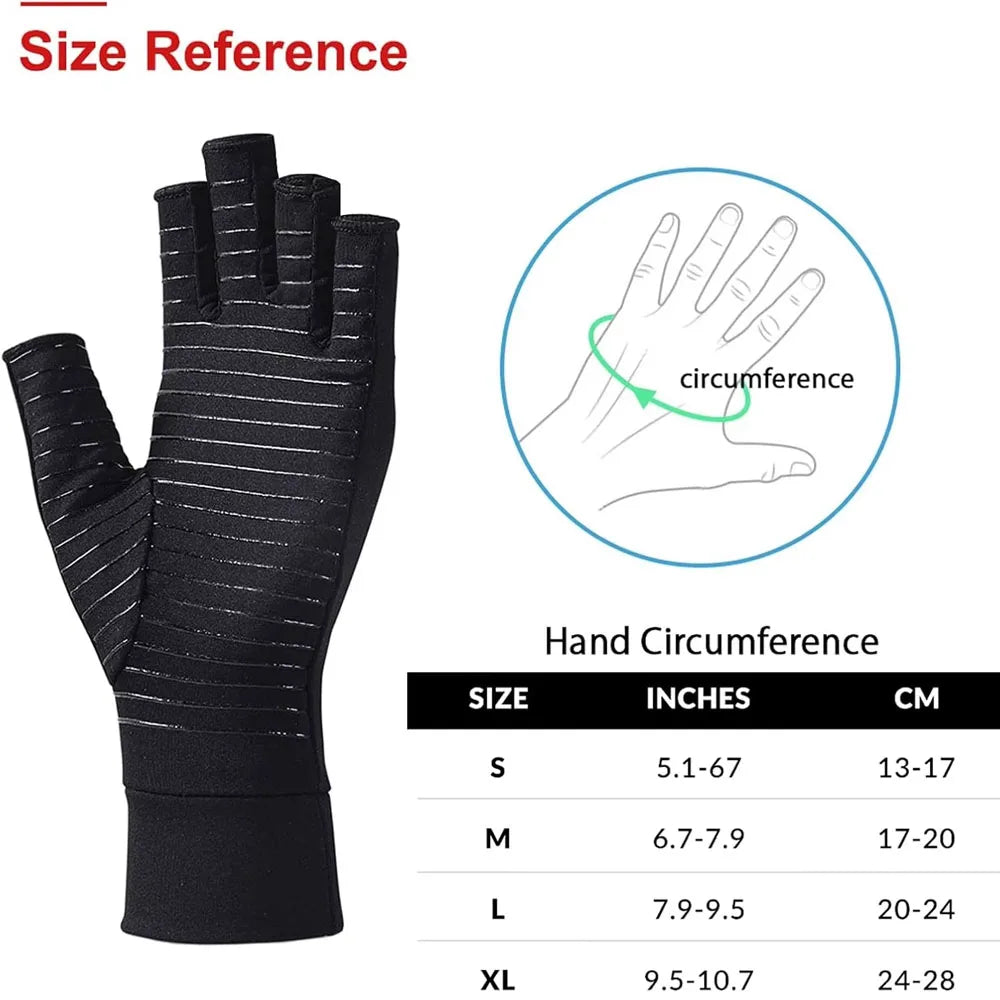 Pair of light gray fingerless compression gloves for adults by Corporación Turística, designed to help relieve arthritis discomfort.