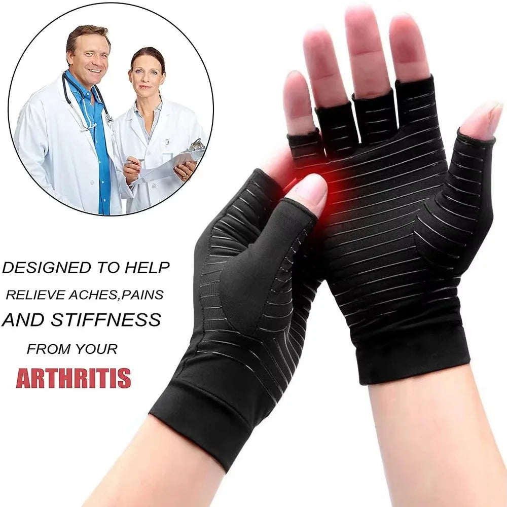 Pair of light gray adult fingerless compression gloves by Corporación Turística, designed to relieve arthritis symptoms and improve circulation.