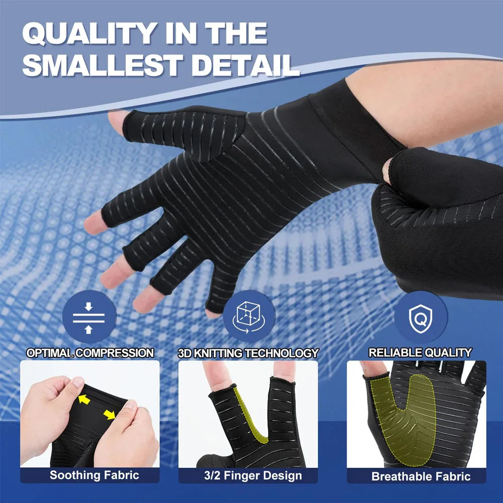Pair of light gray adult fingerless compression gloves with copper for arthritis relief by Corporación Turística.