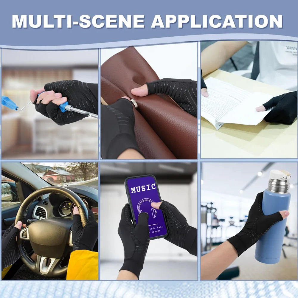 Light gray fingerless compression gloves for adults by Corporación Turística, designed to relieve arthritis pain and improve circulation.