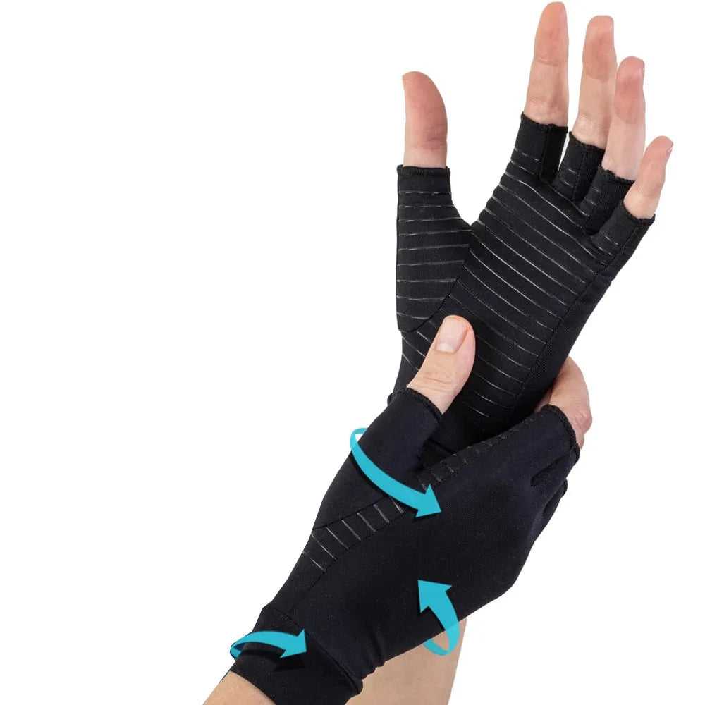 Pair of light gray adult fingerless compression gloves by Corporación Turística, designed to relieve arthritis discomfort.