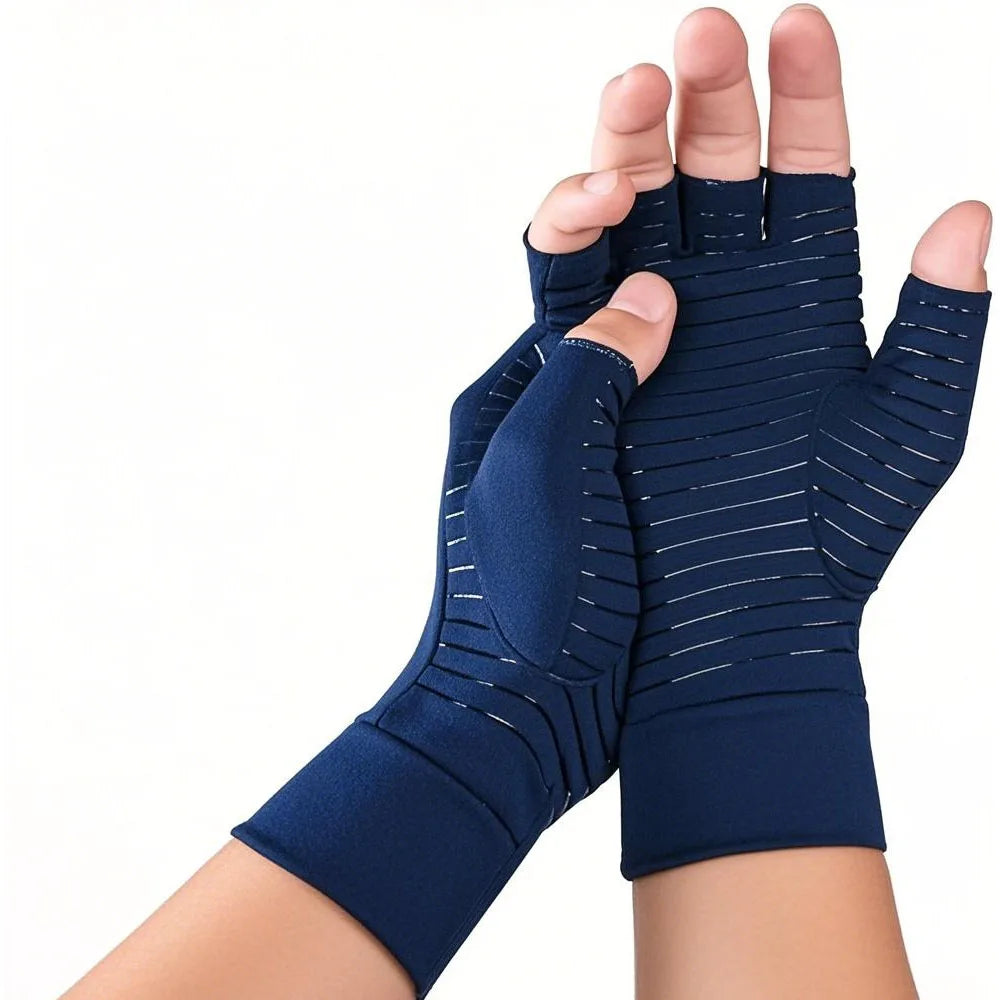 Pair of light gray adult fingerless compression gloves by Corporación Turística, designed for arthritis relief and hand support.