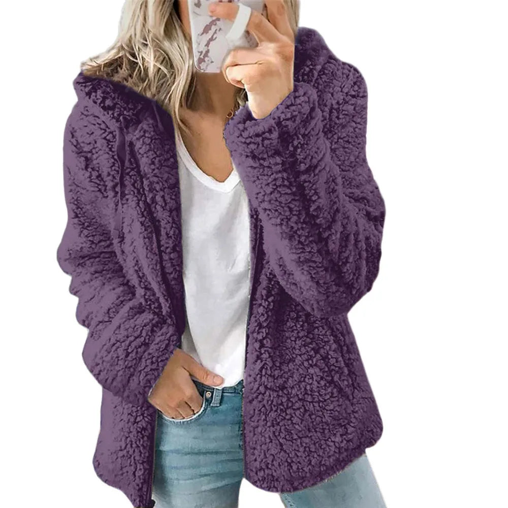 Dark gray velvet tweed hoodie jacket for women, featuring a cozy hood and stylish tailored fit.
