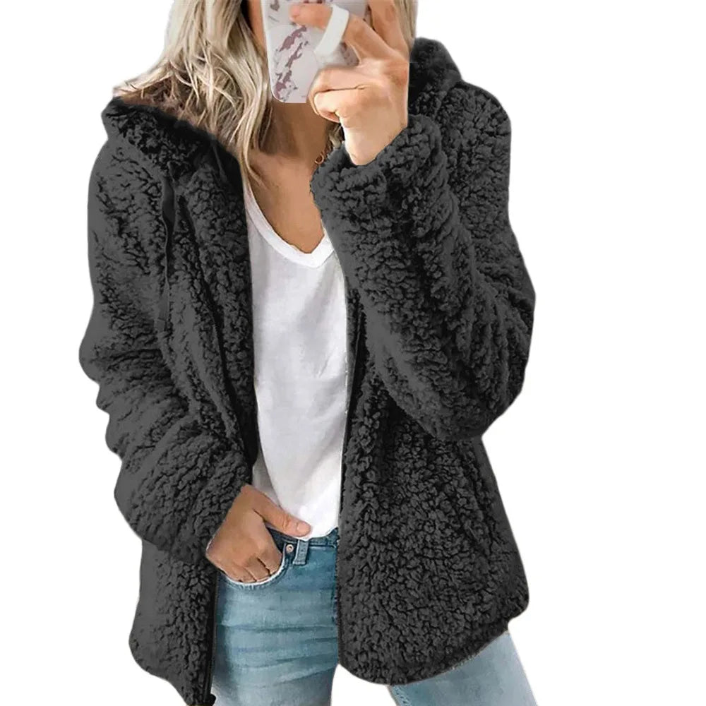 Dark gray velvet tweed hooded jacket for women, featuring a stylish and cozy design with a front zipper and long sleeves.