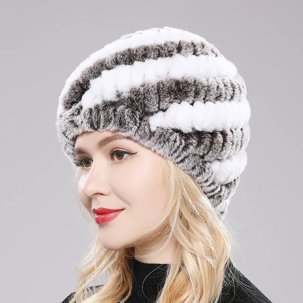 Warm genuine Rex rabbit fur women's hat in gray and red, featuring a soft, plush texture and snug fit.