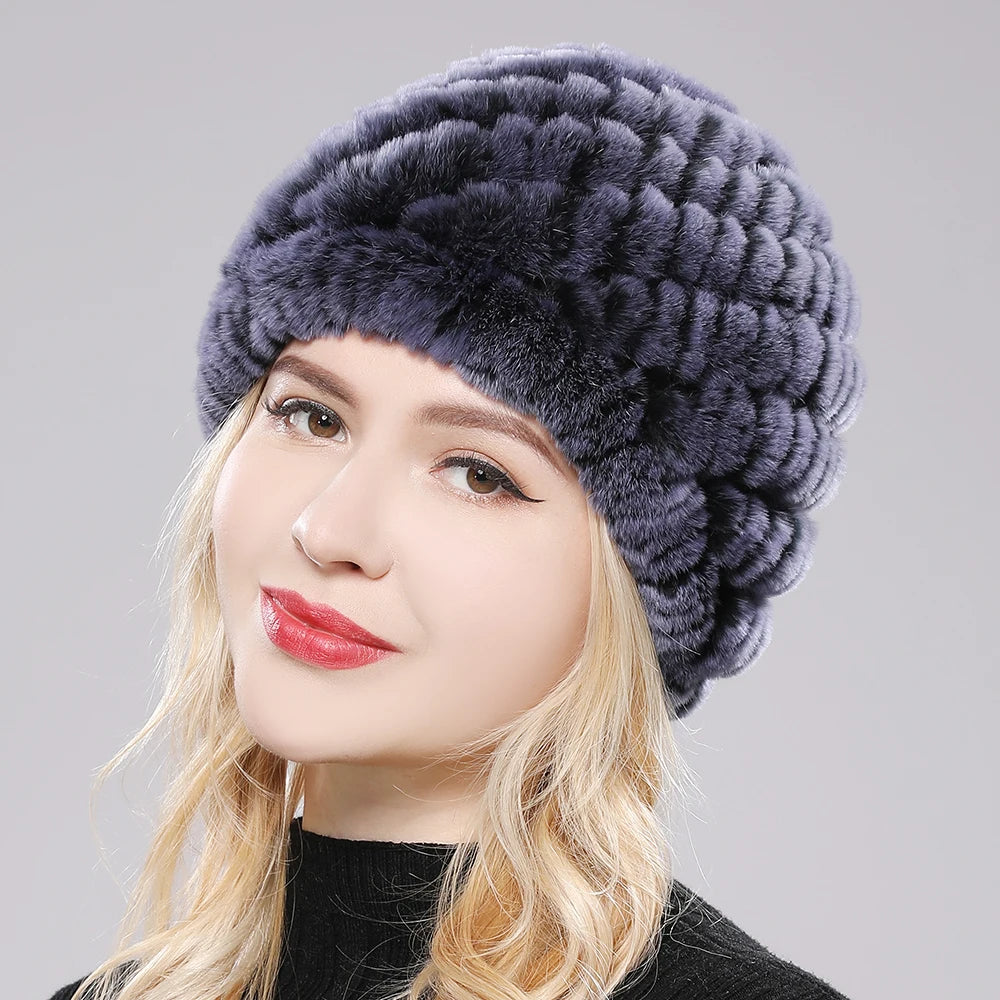 Warm genuine Rex rabbit fur women's hat in gray and red, featuring plush, soft texture and cozy design.