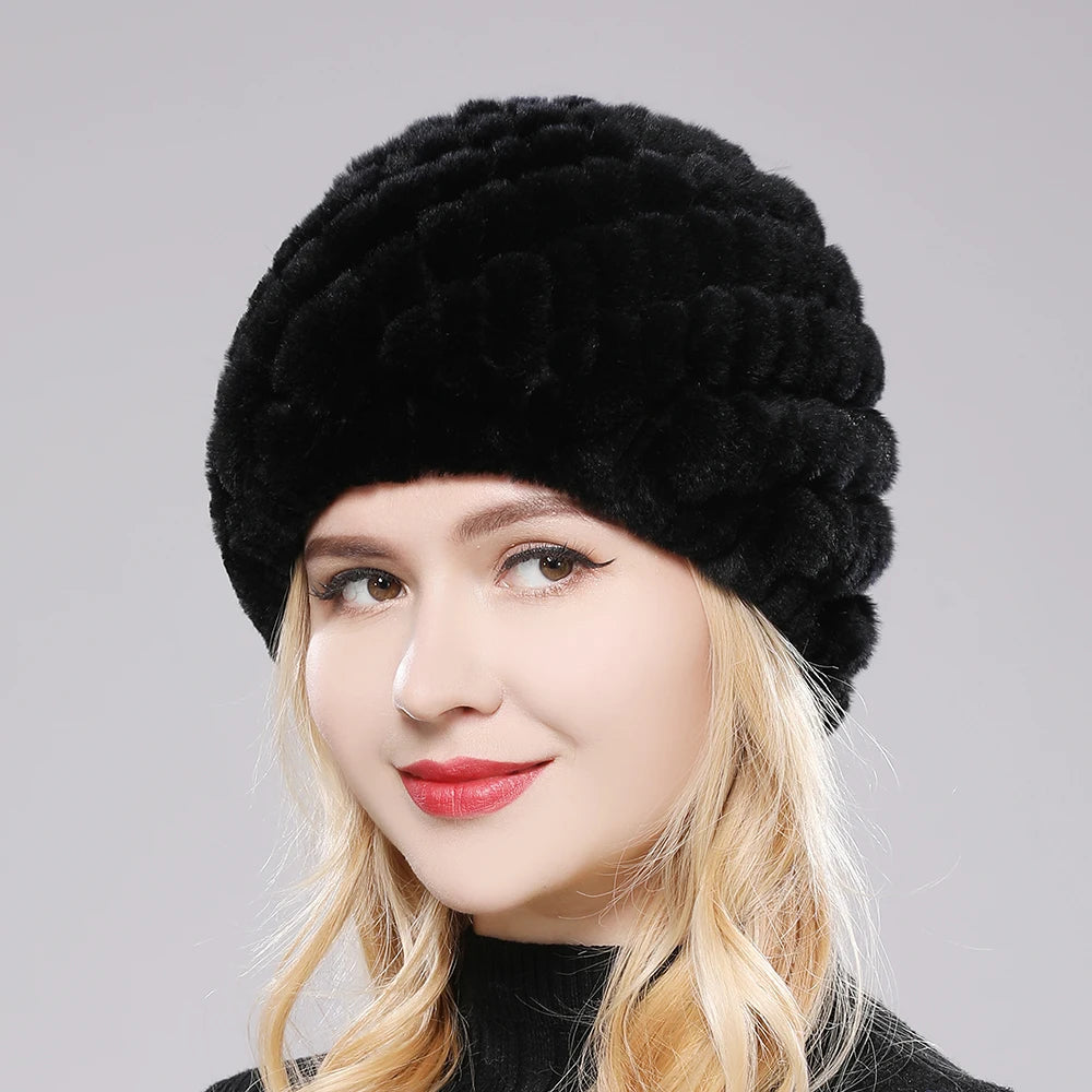 Gray and red authentic Rex rabbit fur women's winter hat with a cozy, plush texture and a stylish, warm fit.