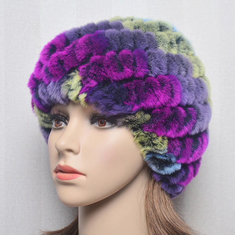 Warm genuine Rex rabbit fur women's hat in gray and red, featuring soft plush texture and comfortable fit.