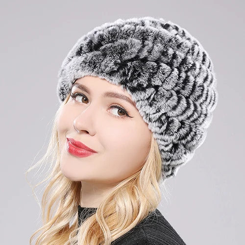 Gray and red authentic Rex rabbit fur women's hat, cozy and warm, with soft plush texture and stylish design.