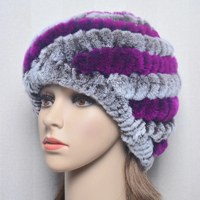 Gray and red genuine Rex rabbit fur women's warm hat with a soft, plush texture and comfortable fit.